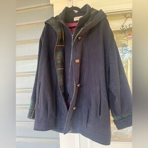 Herman Kay Vintage Women’s Size 12 Blue Wool Blend Full Zip Button Hooded Coat